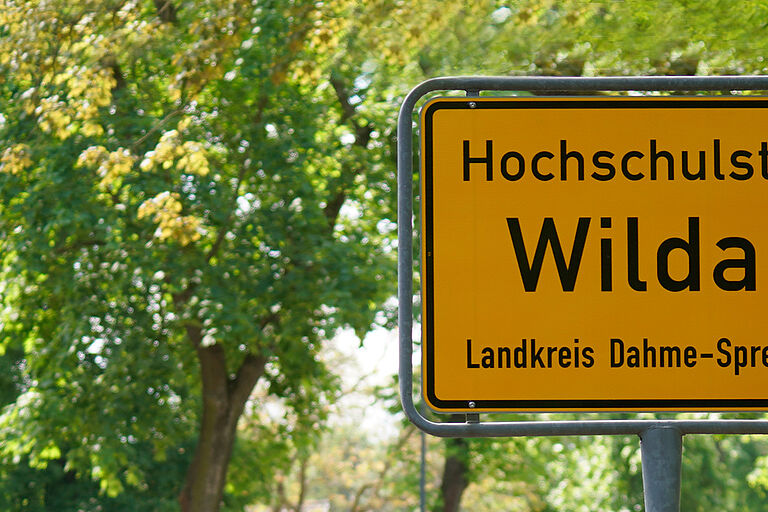 Ortseingangsschild mit Aufschrift "Hochschulstadt Wildau" und Bäumen sowie einem roten Backsteinhaus im Hintergrund