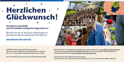 Rückseite der Einladungskarte zur Verabschiedung der Absolventinnen und Absolventen 23/24 mit Fotos vergangener Jahre