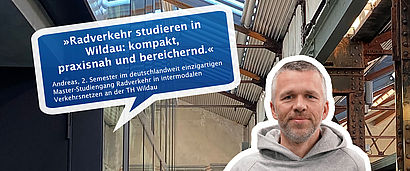 Collage aus Bild von Halle 14, Radverkehr-Studierendem und Zitat auf blauem Hintergrund