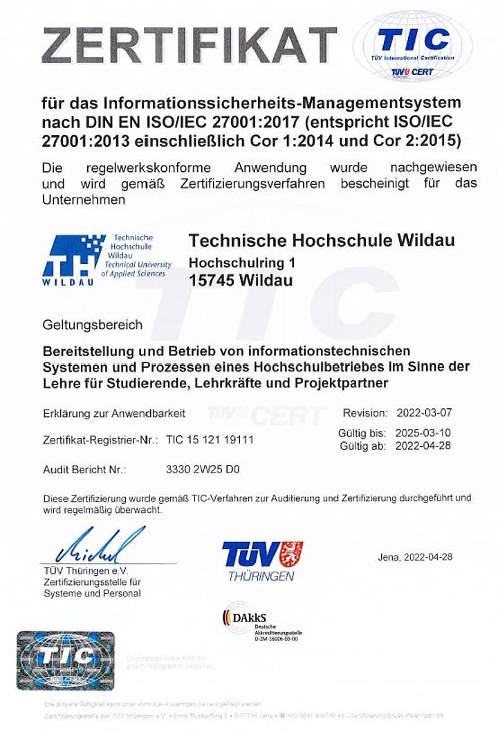TH Wildau HRZ ISO27001 Zertifikat