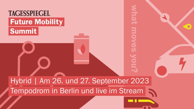Future Mobility Summit Grafik mit Tagesspiegel-Logo, Informationen zum Future Mobility Summit, Elektroauto und Ladestation in verschiedenen Rot-Nuancen