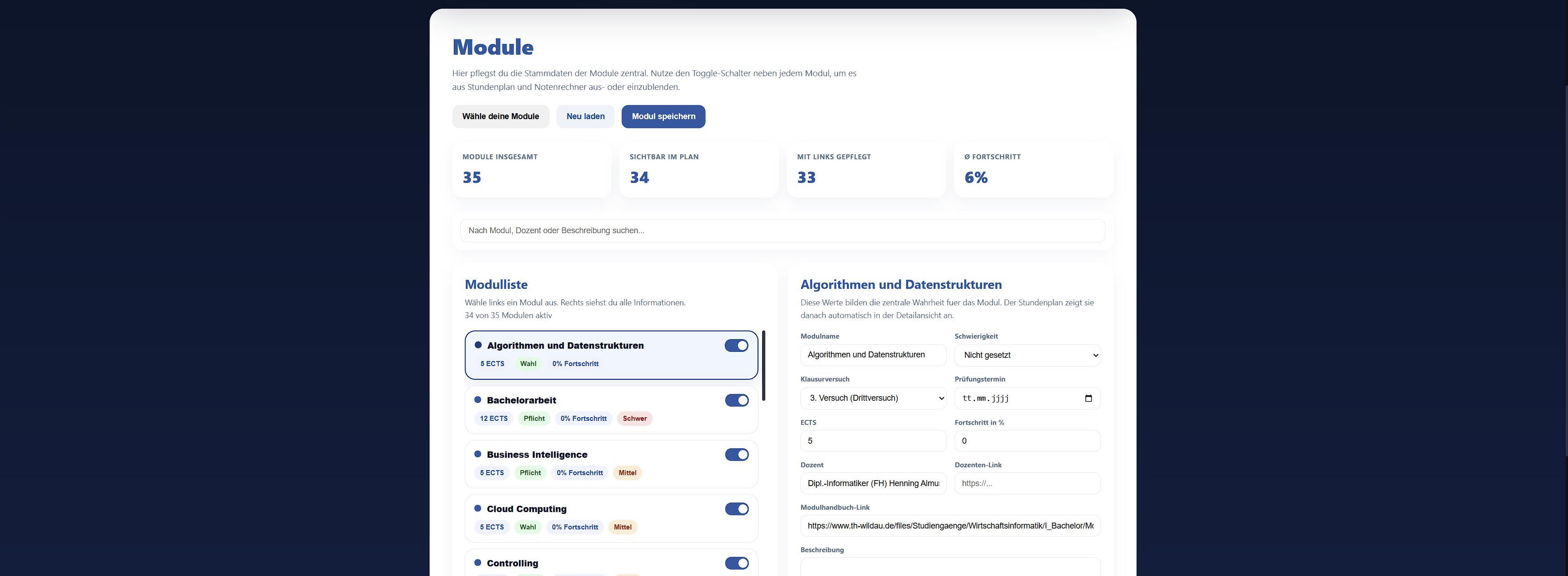 Modulverwaltung — Stammdaten pflegen und Module ein-/ausblenden