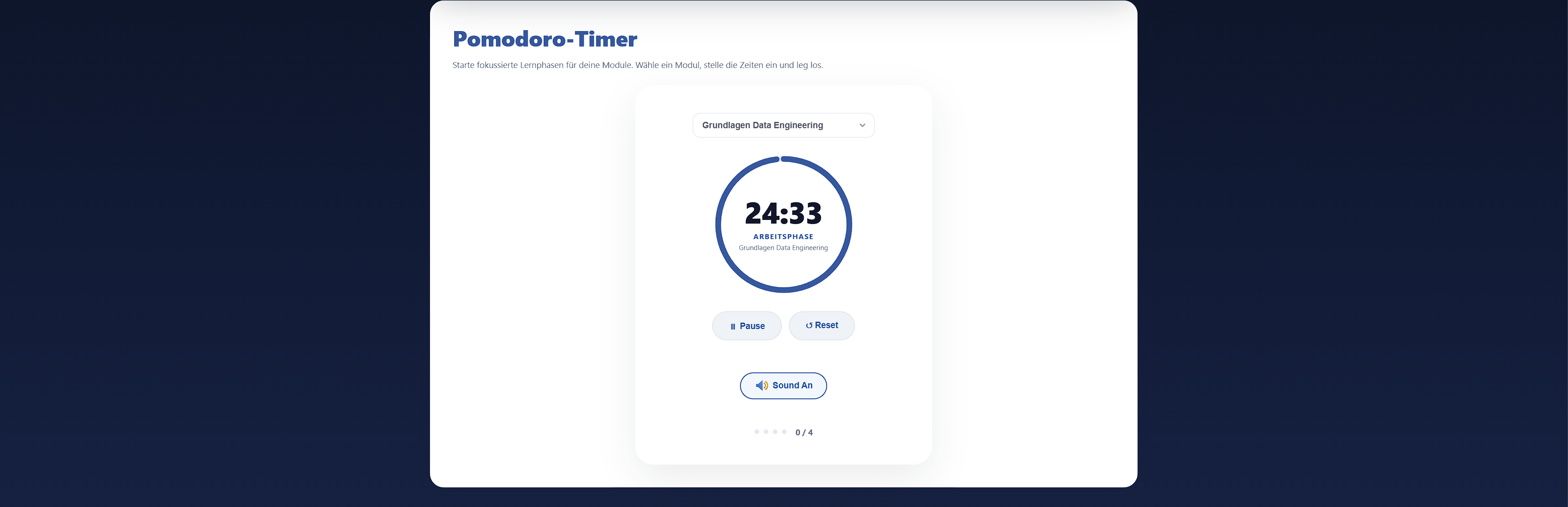 Pomodoro-Timer — fokussierte Lernphasen, an Modul und Lernziel gekoppelt
