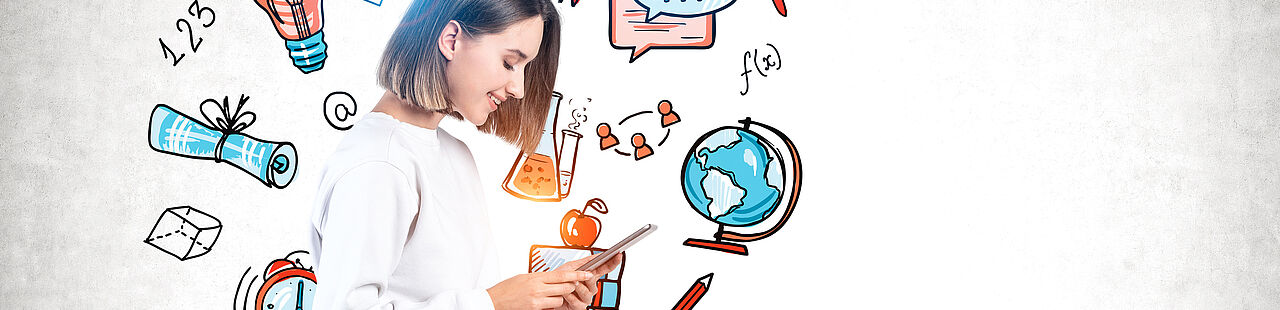 Smiling teen girl with tablet, education sketch