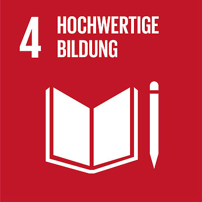 Rotes Quadrat mit weißem Piktogramm von Buch und Stift. Am oberen Rand in weiß die Zahl 4 mit dem Text "Hochwertige Bildung"