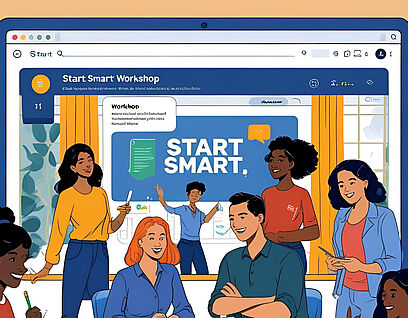 Grafik mit Menschen, die vor einem Bildschirm mit der Aufschrift "Start Smart" abgebildet sind