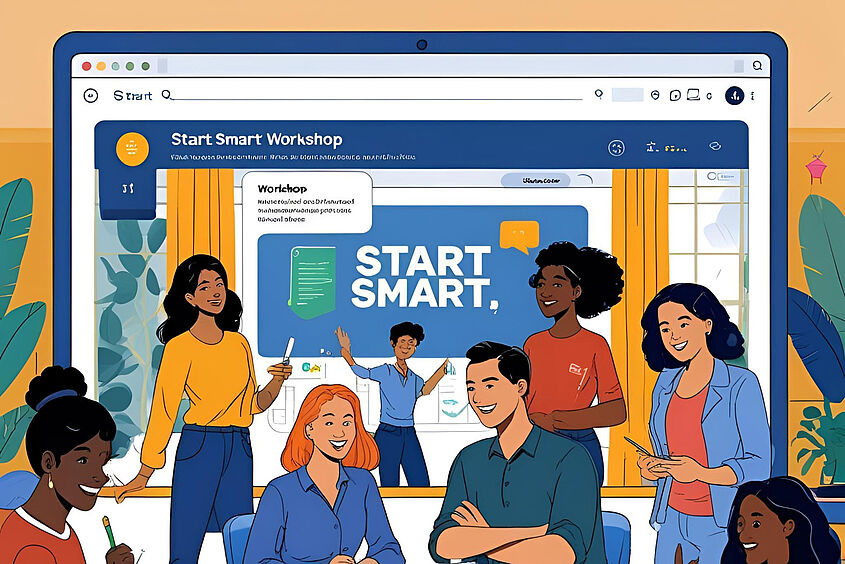 Start Smart generiert mit Canva edit Grafik mit Menschen, die vor einem Bildschirm mit der Aufschrift "Start Smart" abgebildet sind