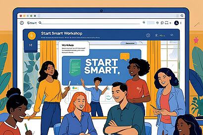 Grafik mit Menschen, die vor einem Bildschirm mit der Aufschrift "Start Smart" abgebildet sind