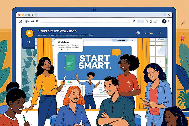 Grafik mit Menschen, die vor einem Bildschirm mit der Aufschrift "Start Smart" abgebildet sind