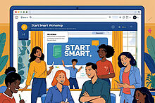 Start Smart generiert mit Canva edit Grafik mit Menschen, die vor einem Bildschirm mit der Aufschrift "Start Smart" abgebildet sind