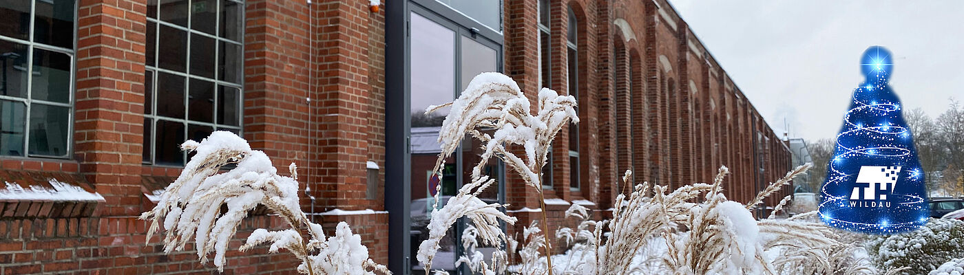 Schneebedeckter Campus mit rotem Backsteingebäude im Hintergrund