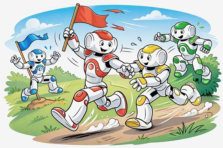 Das Bild zeigt einen laufenden NAO-Roboter mit einer Fahne.
