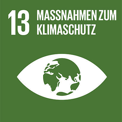 Mattgrünes Quadrat auf welchem in weiß das Piktogramm eines Auges zu sehen ist, dessen Pupille die Weltkugel ist. Am oberen Rand in weiß die Zahl 13 sowie der Schriftzug "Maßnahmen zum Klimaschutz" 