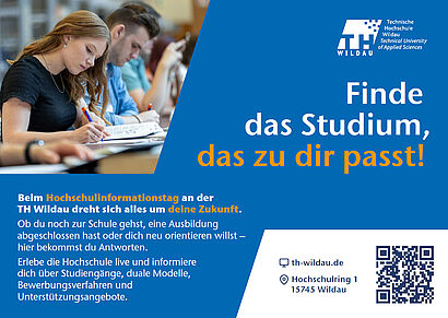Collage aus blauem Hintergrund, Informationen zum HIT 2026 der TH Wildau und einem Bild mit Studierenden