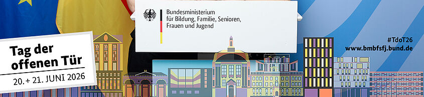 Logo des Bundesministeriums für Bildung, Familie, Senioren, Frauen und Jugend. Außerdem das Datum vom Tag der offenen Tür.