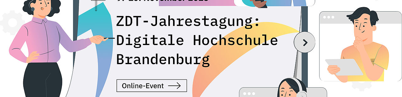 Grafisch erstellte Menschen sind rund um einen Bildschirm abgebildet und benutzen iPhone, Tablet und Laptop