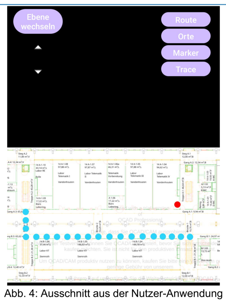 Bildschirmfoto zur Nutzeranwendung der Indoornavigation