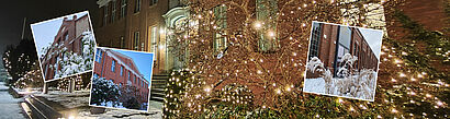 Collage mit einem weihnachtlich beleuchteten Gebäude im Hintergrund und winterliche Campusbilder im Vordergrund