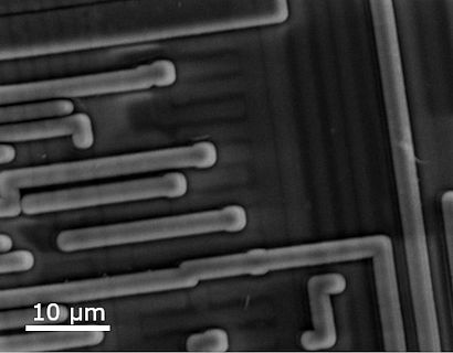 REM-Aufnahme von Leiterbahnen auf einem Mikrochip