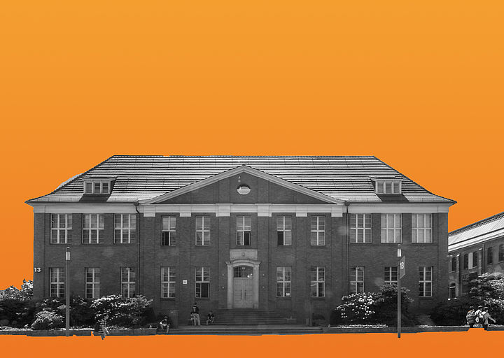 Bild Festakt Hauptgebäude auf orangenem Hintergrund
