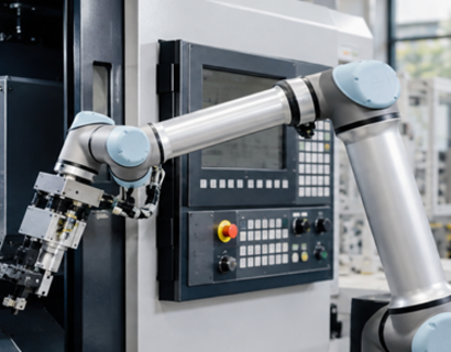 Ein kollaborierender Roboter bedient im Kontext der Automatisierungstechnik eine Produktionsanlage.