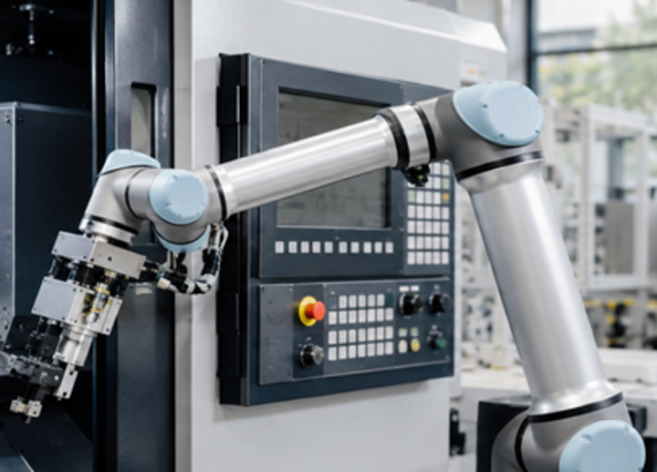 Ein kollaborierender Roboter bedient im Kontext der Automatisierungstechnik eine Produktionsanlage.