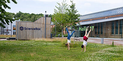 Zwei Studierende machen auf einer Wiese auf dem Campus der TH Wildau Handstand.