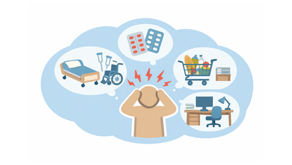 Eine schematische Grafik, die in der Mitte eine Spielfigur zeigt, die die Höhe zum Kopf regt. Um sie herum schweben in Blasen verschiedene Gegenstände: Ein Pflegebett, Krücken und ein Rollstuhl, Tablettenblister, ein voller Einkauswagen, und ein Büroarbeitsplatz.