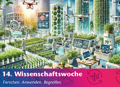 Hier ist eine KI generierte Pflanzenplantage zu sehen mit einer Großstadt im Hintergrund mit dem Schriftzug in blau/pink "14. Wissenschaftswoche Forschen. Anwenden. Begreifen."