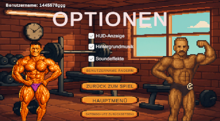 Screenshot von WSF x Gewichtswahnsinn mit zwei muskulösen Männern und einer Spielnavigation in der Mitte