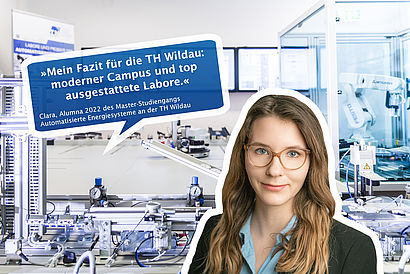 Collage mit Bild von Studentin, Labor-Bild Automatisierungstechnik und Zitat