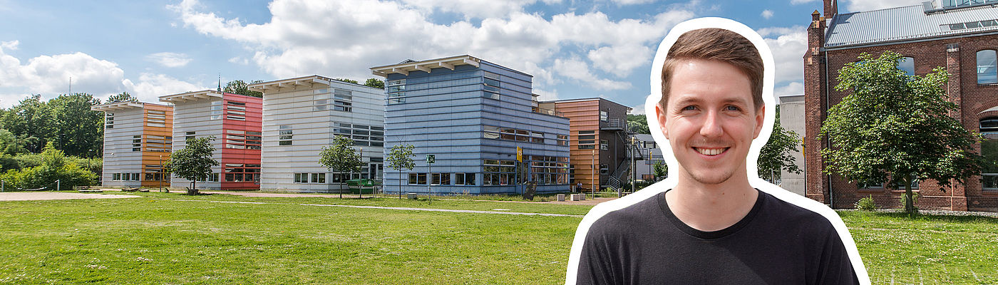 Collage mit Studierendem der Wirtschaftsinformatik und Campusbild