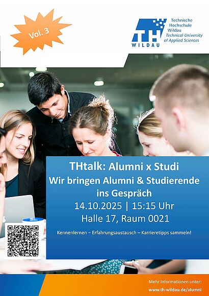 Poster mit Veranstaltungsankündigung zum THtalk Alumni x Studi am 14.10.2025