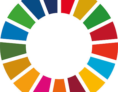 Kreis bestehend aus 17 Vierecken, in den 17 Farben der SDGs