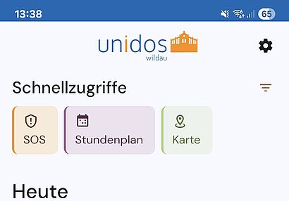 Screenshot der Unidos App mit den Einstiegssymbolen für die SOS-Funktion, den Stundenplan und die Kartenfunktion