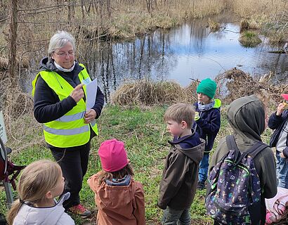 Wanderguides erklären Kindern Dinge aus der Natur bei der Kleeblattwanderun