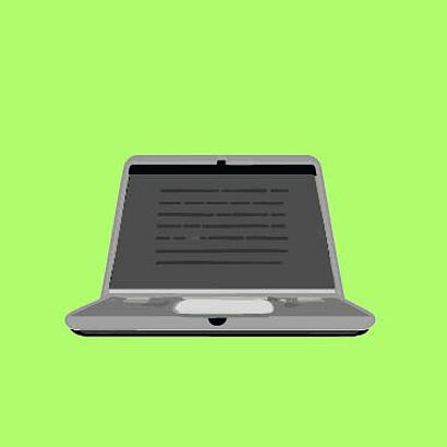 Schwarz-weiße Grafik eines aufgeklappten Laptops auf gelbem Hintergrund.