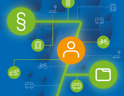 Orangefarbenes Icon eines Person verbunden mit grünen Icons für verschiedene Verkehrsteilnehmer*innen und einem Paragraphen-Symbol auf blauem Hintergrund