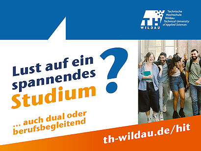 Collage mit Schriftzug Lust auf ein spannendes Studium, TH-Wildau-Logo und Bild von Studierenden