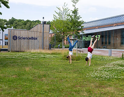 Zwei Studierende machen Handstand auf der Wiese vor Haus 16 auf dem Campus der TH Wildau