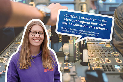 Collage aus Bild von Luftfahrttechnik-Studentin, Bild von Flugsimulator und Zitat