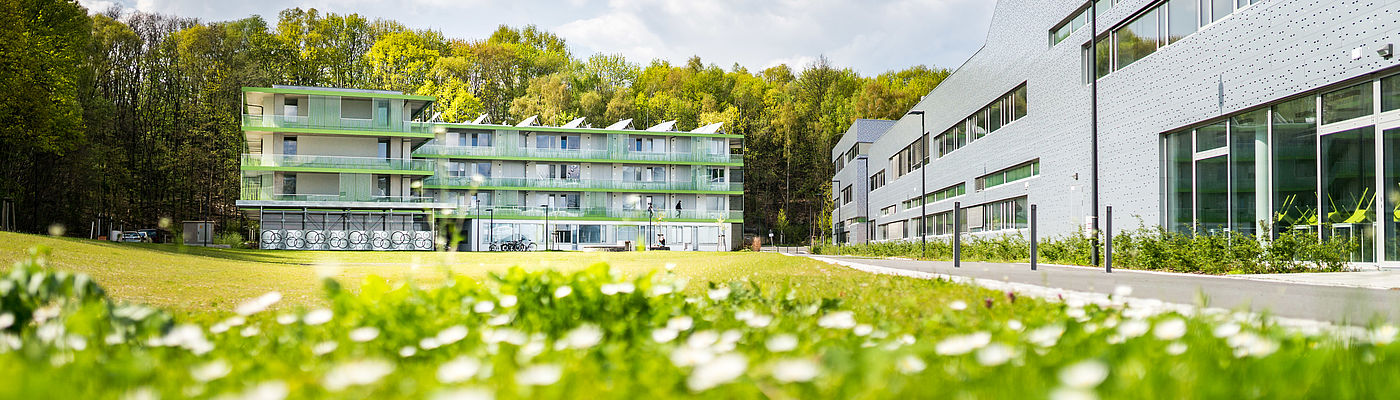Blick auf das Studierendenwohnheim und Haus 16