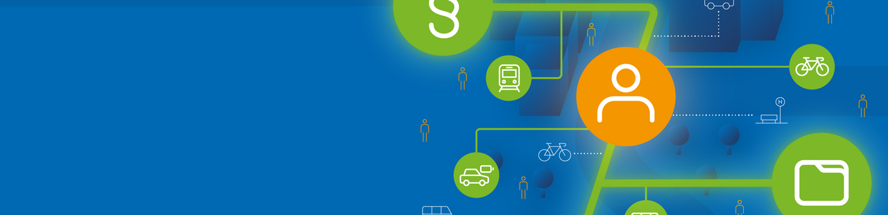 Orangefarbenes Icon eines Person verbunden mit grünen Icons für verschiedene Verkehrsteilnehmer*innen und einem Paragraphen-Symbol auf blauem Hintergrund
