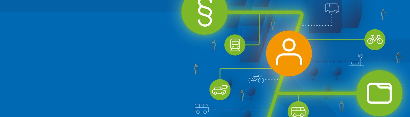 Orangefarbenes Icon eines Person verbunden mit grünen Icons für verschiedene Verkehrsteilnehmer*innen und einem Paragraphen-Symbol auf blauem Hintergrund