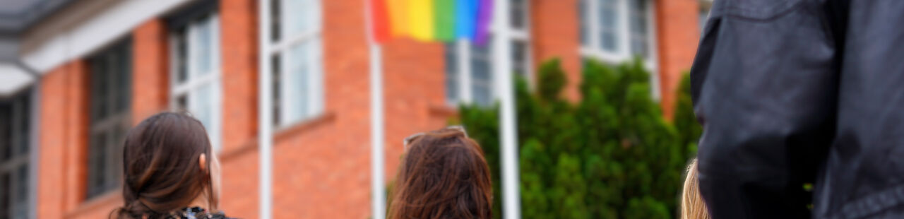 Personen stehen vor einem Gebäude und schauen auf eine gehisste Pride Flag
