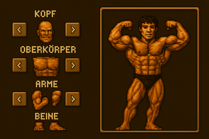 Screenshot von WSF x Gewichtswahnsinn mit einer muskulösen Figur, die ihre Arme kräftepräsentierend in die Arme hebt