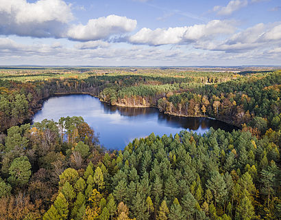 Blick auf einen See im Landkreis Dahme-Spreewald von oben umringt von Wäldern