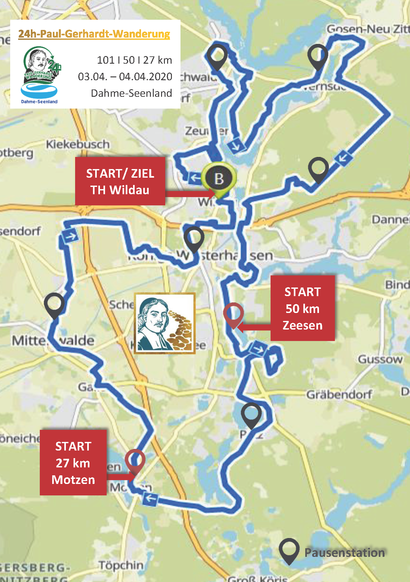 Streckenverlauf der 24h-Paul-Gerhardt-Wanderung 2020