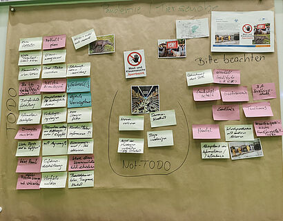In diesem Foto ist ein Plakat mit vielen Post-It's zu sehen zu dem Thema Pandemie/Tierseuche.