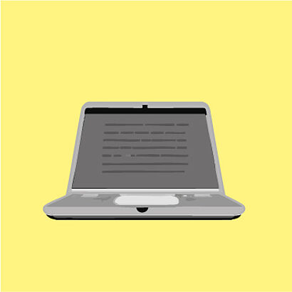 Schwarz-weiße Grafik eines aufgeklappten Laptops auf gelbem Hintergrund.
